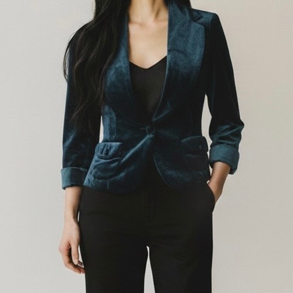 Bebe Y2K Grunge Velvet Crop Blazer Jacket Women's Small Blue Sapphire